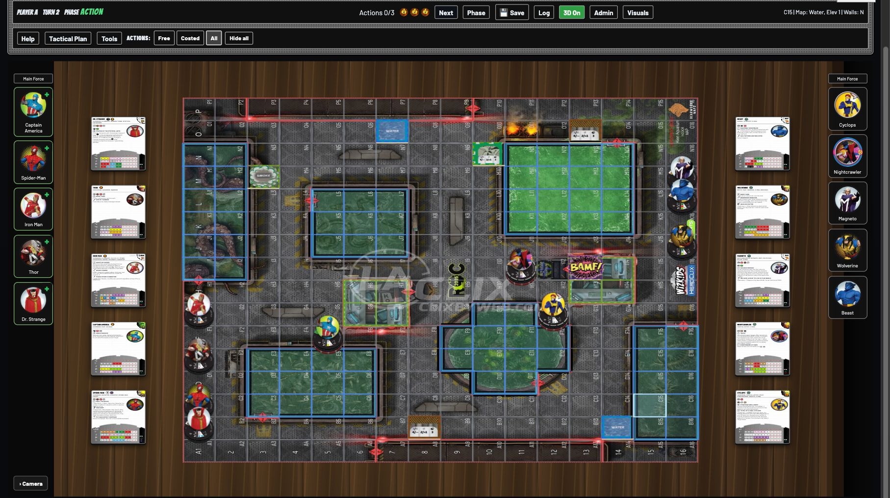 Actual Avengers versus X-Men player view on Alien Aquarium, with the complete board and both nearby team card lanes